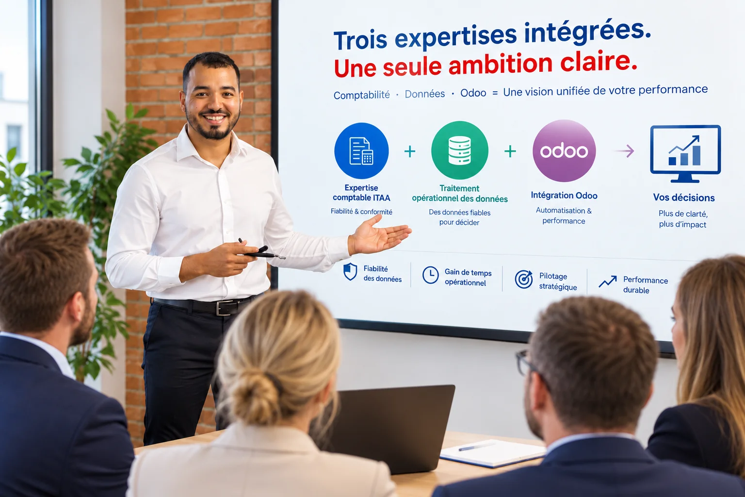 Une présentation des trois expertises intégrées de MFINANCES : expertise comptable ITAA, traitement opérationnel des données et intégration Odoo